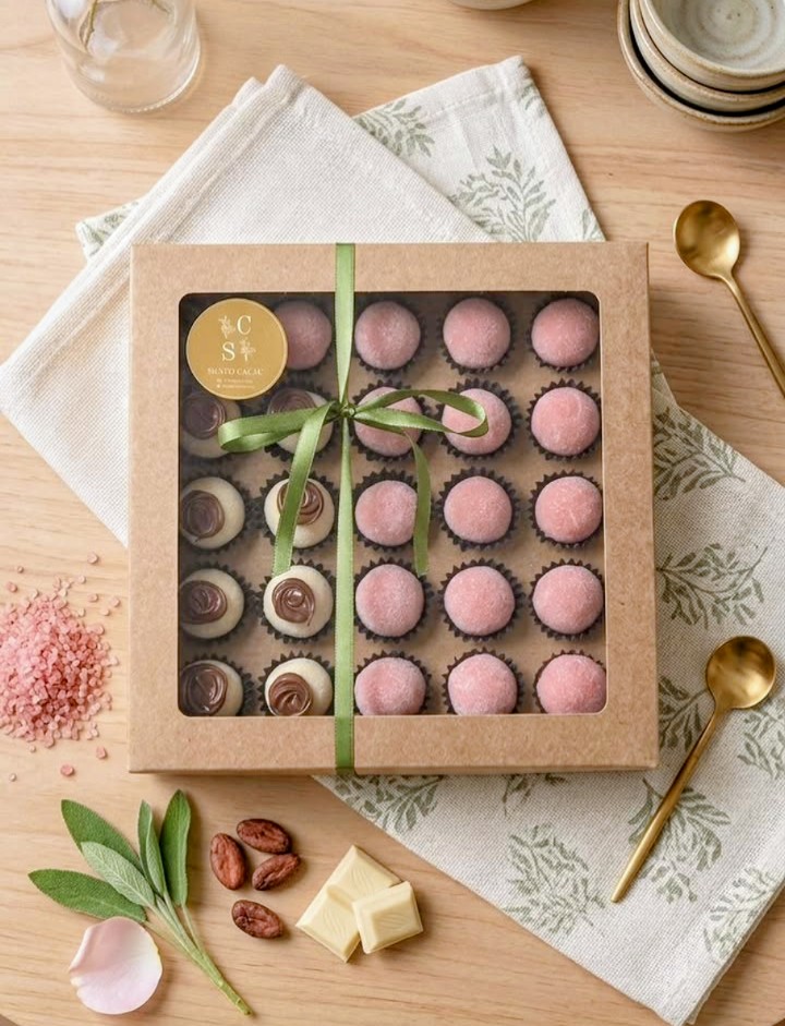 Caixa grande com 25 brigadeiros gourmet da Santo Cacau com laço e selo dourado