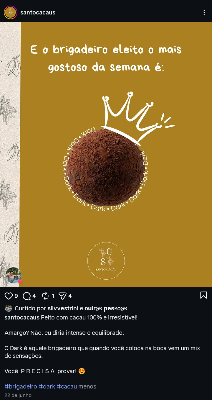 Brigadeiro Dark — cacau 100% intenso eleito mais gostoso da semana na Santo Cacau